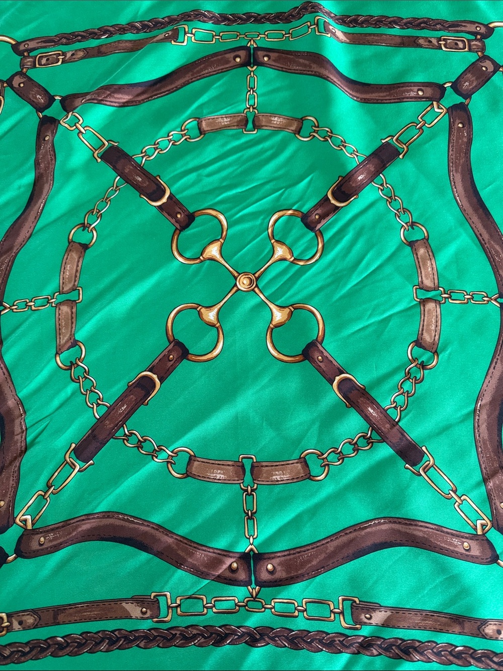 Lauren Ralph Lauren 100% Silk Equestrian Scarf Green Black Brown Horse Bit Scarf - Picture 3 of 3